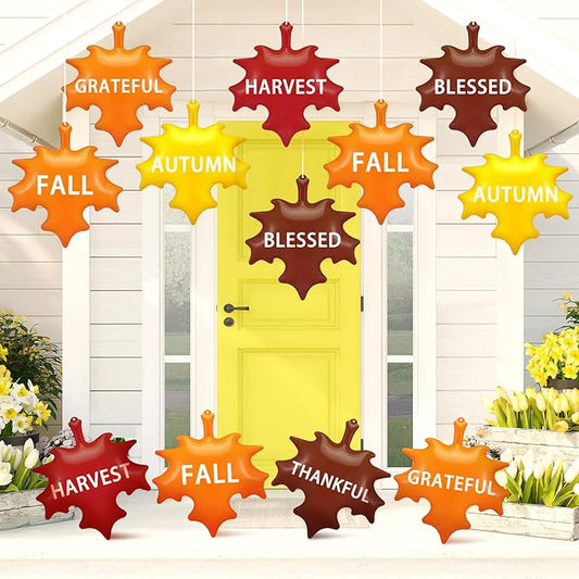 Leyndo 12 Pieces 14 Inch Thanksgiving Fall Inflatable Maple Leaf Outdoor Decorations Autumn Maple Leaf Inflatable Hanging Ornaments Decor Fall Blow up PVC Ornaments for Harvest Party Supplies