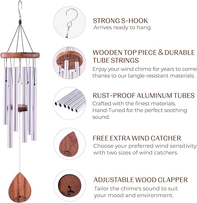 UpBlend Wind Chimes for Outside Gift – Deep Tone Wind Chime with Decorative Stone – Porch & Patio Decor, Elegant Outdoor Ornament, Garden Gifts. 28” Silver.