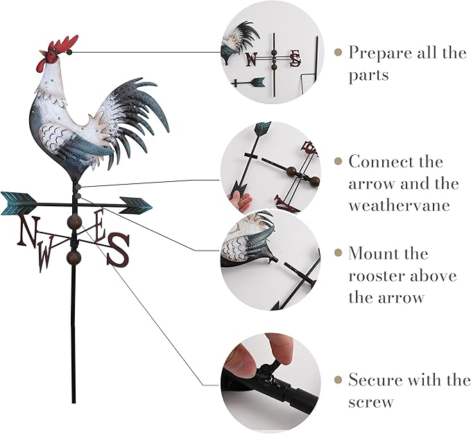 TERESA'S COLLECTIONS Garden Decor with Solar Outdoor Lights, White Rooster Yard Art Sign for Outside, 39.4'' Metal Weathervane Decorative Garden Stake for Outdoor Decor, Lawn, Gifts for Fathers Day