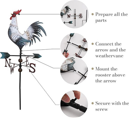 TERESA'S COLLECTIONS Garden Decor with Solar Outdoor Lights, White Rooster Yard Art Sign for Outside, 39.4'' Metal Weathervane Decorative Garden Stake for Outdoor Decor, Lawn, Gifts for Fathers Day