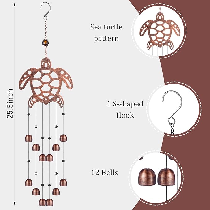 Cinnvoice 24 Inch Metal Wind Chimes Decor for Outside Garden Birthday Gift for Women Men Bronze Windchimes Pet Memorial Gift with 12 Bell for Patio Yard Lawn Housewarming Front Yard(Sea Turtle)