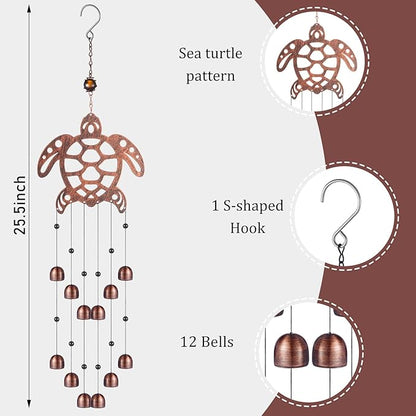 Cinnvoice 24 Inch Metal Wind Chimes Decor for Outside Garden Birthday Gift for Women Men Bronze Windchimes Pet Memorial Gift with 12 Bell for Patio Yard Lawn Housewarming Front Yard(Sea Turtle)