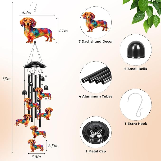 YHmall Dachshund Gifts for Women, 35 in Wind Chimes for Outside Mothers Day Gardening Gifts for Mom Colorful Metal Memorial Wind Chime Dachshund Decor for Home Yard Patio Garden Outdoor