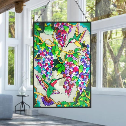 VEWOGARDEN Hummingbird Stained Glass Window Hangings 10" W x 15" H Bird Suncatcher Panel with Chain Windows Hanging Decor Ornament Gift