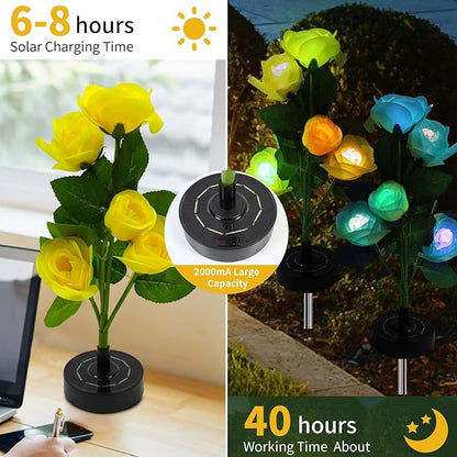 Solar Flowers Lights - Solar Garden Lights Outdoor Waterproof Yellow Rose, 40 Hours Color Changing Solar Powered Outside Decor Decoration for Yard Patio Pathway Lawn, Gifts for Mom, 2pcs