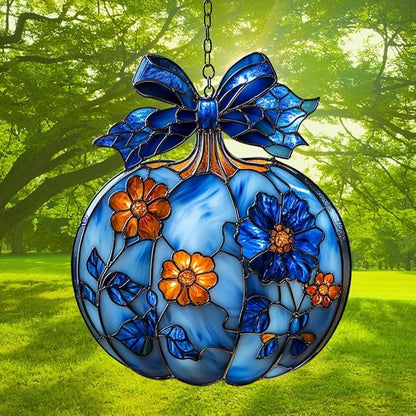 Blue Floral Pumpkin Acrylic Suncatcher Stained Glass Effect Window Car Hanging Christmas Ornament Indoor Outdoor Decor Garden Sun Catcher Panel for Halloween Lover for Women Mom Grandma