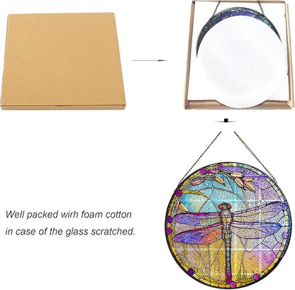 Dragonfly Stained Glass Suncatcher Artistic Window Hanging,7.8” Hand-Painted Glass Panel Wall Home Decor,Gift for Women Garden Decor Suncatcher (Dragonfly)