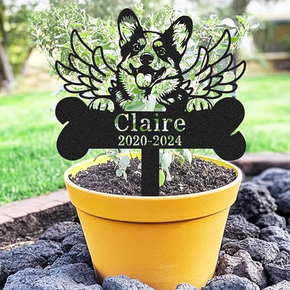 Custom Metal Dog Corgi Memorial Stake with Wings, Personalized Dog Grave Marker with Bone Stake Outdoor Yard Garden Sign Tombstone, Customized Dogs Corgi Remembrance Plaque Pet Loss Gifts
