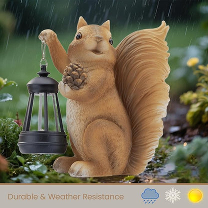 Solar Squirrel Garden Statue Outdoor Decor, Squirrel Sculpture with Lantern for Yard Lawn Patio Balcony, Christmas Birthday Housewarming Gifts for Mom, Grandma, Women, Brown,Resin