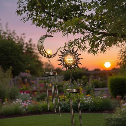 Moon Sun Wind Chimes for Outside Lights Gifts for Mom Wife Unique Crackle Glass LED Warm Light Outdoor Hanging Decor Windchimes for Garden Yard Patio Christmas Birthday Mothers Day