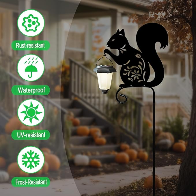 Metal Squirrel Garden Stake, Solar Lights Outdoor Solar-Powered with Lantern-Outdoor Waterproof Pathway and Garden Decorations (Black Squirrel)