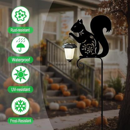 Metal Squirrel Garden Stake, Solar Lights Outdoor Solar-Powered with Lantern-Outdoor Waterproof Pathway and Garden Decorations (Black Squirrel)