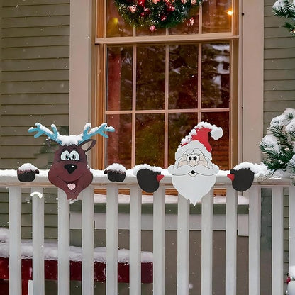 HUYIENO 2pcs Christmas Metal Fence Peeker Decoration Santa & Reindeer Fence Yard Sign Cute Outdoor Christmas Decor for Yards, Patios, Lawn, Pathway, Parking Holiday Decor Art Ornament