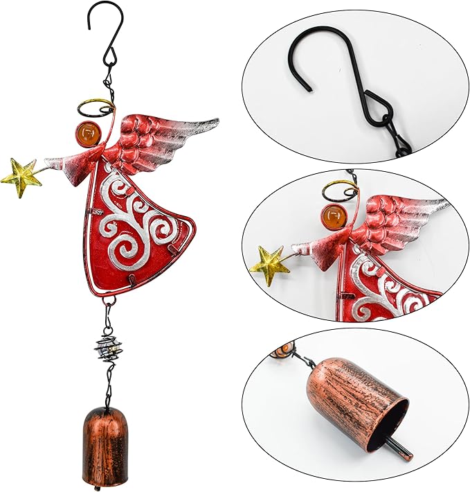MrMrKura Metal Angel Wind Chime Hanging Decoration Ornament Bells Decorative Hanging Bells, Gifts for Home Garden Decor Crafts (Red)