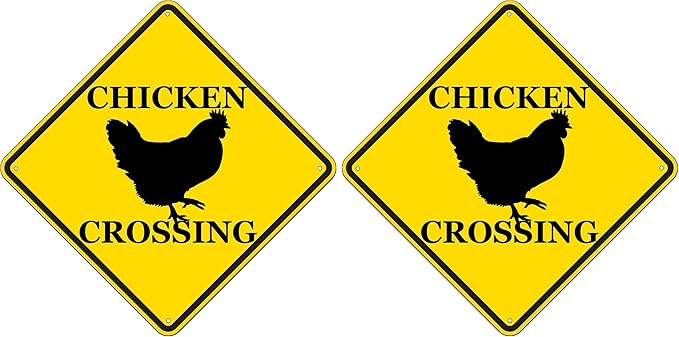 Rogue River Tactical Funny Metal Warning Chicken Crossing XING Tin Sign Wall Décor Man Cave Bar Rooster Chicks Hen (Pack of 2)