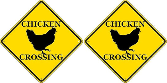 Rogue River Tactical Funny Metal Warning Chicken Crossing XING Tin Sign Wall Décor Man Cave Bar Rooster Chicks Hen (Pack of 2)
