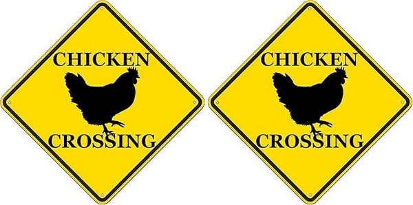 Rogue River Tactical Funny Metal Warning Chicken Crossing XING Tin Sign Wall Décor Man Cave Bar Rooster Chicks Hen (Pack of 2)