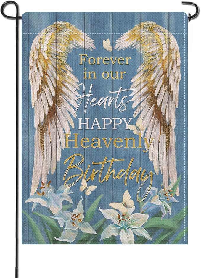 Artofy Memorial Forever in Our Hearts Wings Small Decorative Garden Flag, Happy Heavenly Birthday Lily Cemetery Yard Lawn Outside Decor, Farmhouse Burlap Outdoor Home Decoration Double Sided 12 x 18