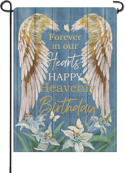 Artofy Memorial Forever in Our Hearts Wings Small Decorative Garden Flag, Happy Heavenly Birthday Lily Cemetery Yard Lawn Outside Decor, Farmhouse Burlap Outdoor Home Decoration Double Sided 12 x 18