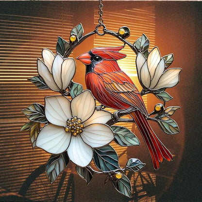 Vivid Cardinal Floral Tiffany Acrylic Suncatcher Stained Glass Effect Window Car Hanging Christmas Ornament Indoor Outdoor Decor Garden Sun Catcher Panel for Cardinal Lover for Women Mom Grandma