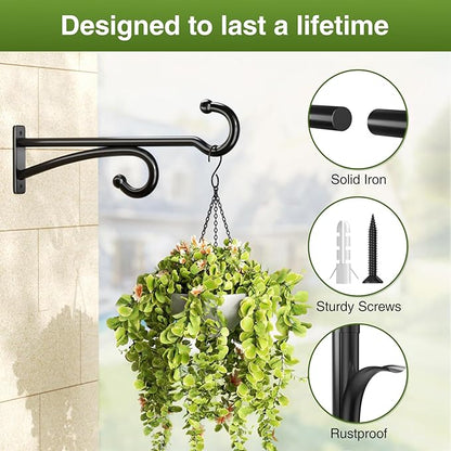pickpiff 14-Inch Plant Hooks for Hanging Baskets: Plant Hangers Outdoor Indoor, Planters Wall Brackets for Hanging Plants, Bird Feeders, Wind Chimes, Bird Houses, Flower, Metal, Black