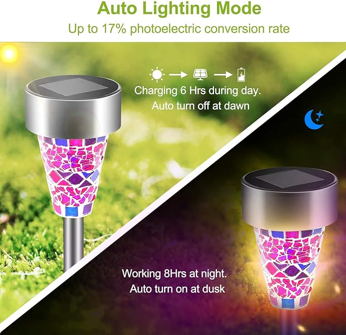Solar Lights Outdoor Decorative, Solar Garden Lights Stakes, Flower Bed Decorations Mosaic, Decor for Path, Waterproof, 6 Pack