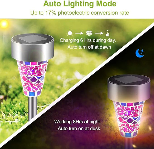 Solar Lights Outdoor Decorative, Solar Garden Lights Stakes, Flower Bed Decorations Mosaic, Decor for Path, Waterproof, 6 Pack