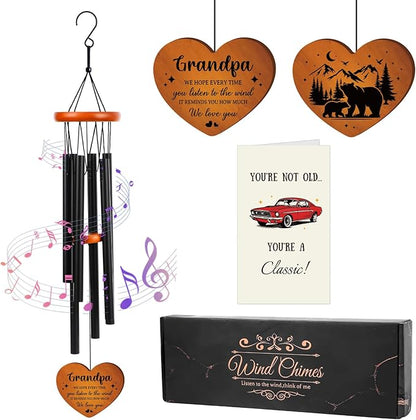 Grandpa Gifts Wind Chimes for Outside - Metal Windchime with Wooden Pendant, Greeting Card & Black Box - Unique Memorial Birthday Gift for Grandfather from Grandkids, Garden Hanging Decor
