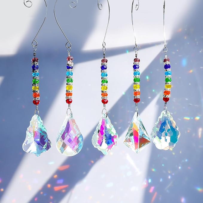 Pack of 5 Colorful Crystal Suncatcher Hanging Window Pendant Chandelier Drops Pendants,Hanging Glass Prisms Window Home Christmas Tree Decor