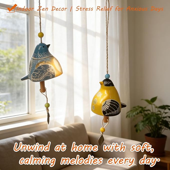 Handmade Ceramic Bird Wind Chime with 3D Pop Up Card | Spring Easter, Soothing Melody for Outdoor Patio & Indoor Hanging Decor (Blue+Yellow)