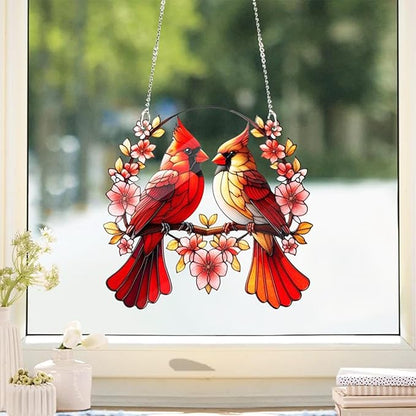 Acrylic Window Hanging Cardinal Suncatcher Decor,Red Bird Suncatcher Panel Outdoor Wall Art Stained Panel Hangings Gift for Home Garden Ornament for Birds Lover