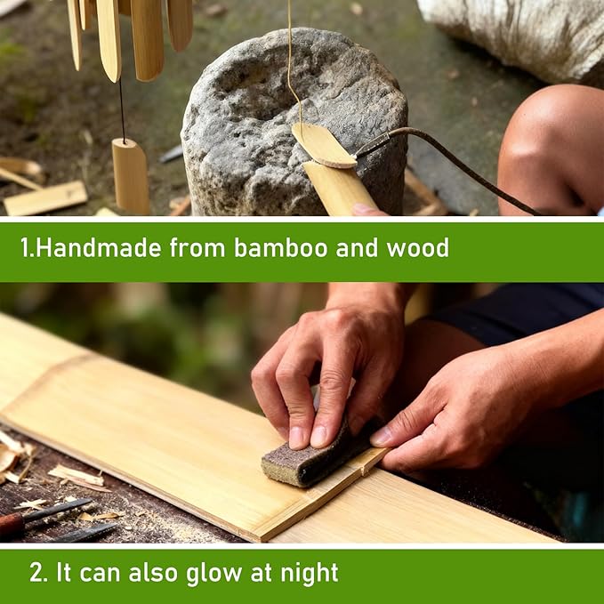 Bamboo Wind Chimes with Solar Accent Light, Outdoor Wooden Wind Chimes 6 Bamboo Tubes, Deep Tone, Hanging Solar Windchimes for Patio Garden Yard Porch Balcony Decor, 35 x 3.5 Inches