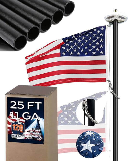 PHITRIC 11 Gauge Heavy Duty Flag Pole Kit with Solar Light, 25FT Extra Thick Aluminum Flagpole for Outside in Ground, Hardware Flagpole Set with 3x5 American Flag, 120 MPH Wind Resistant