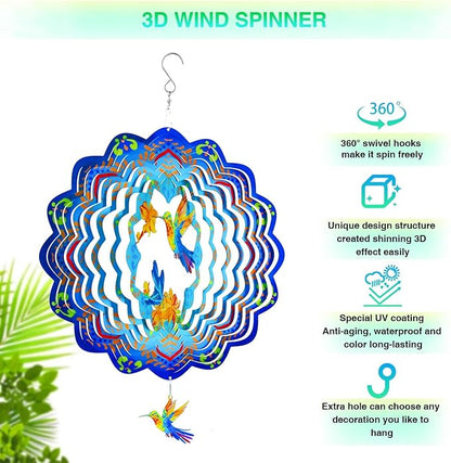 Wind Spinners,12 inch Hummingbird with 360° Swivel Hook for Yard and Garden, Bird Wind Catcher, Metal Wind Spinners Outdoor for Lawn Hanging Crafts Decor Kinetic Yard Art Ornament Gifts