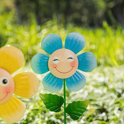 Glitzhome Set of 3 Happy Face Decorative Garden Stake, Metal Flower Yard Stakes with Hand Painted Smiling Design, Iron Garden Yard Spring Decor or Wall Decor, 18”H