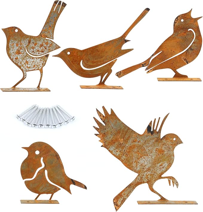 Geila 5PCS Rusty Birds Decoration, Fence Decorations Outdoor, Metal Birds Yard Decor Perfect Yard Art and Large Outdoor Ornaments (E)
