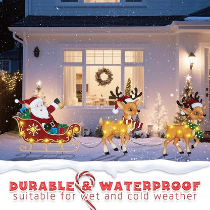 WONDER GARDEN Christmas Metal Yard Stakes, Lighted 3 Pack Christmas Garden Stakes Yard Signs, Outdoor Decorations with Santa Sleigh and Reindeer for Lawn Party Outside