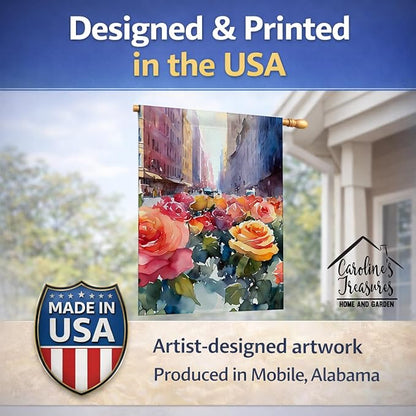 Caroline's Treasures New York Roses in Watercolor House Flag Large Porch Sleeve Pole Decorative Outside Yard Banner Artwork Wall Hanging, Polyester, House Size, Multicolor