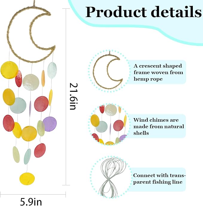 Wind Chimes for Home Decor-DIY Wind Chime Parts with Round Capiz Shells Metal Hoops Moon Shaped Fishing Line Twine String Ribbon,Gifts for Women Mom(White)
