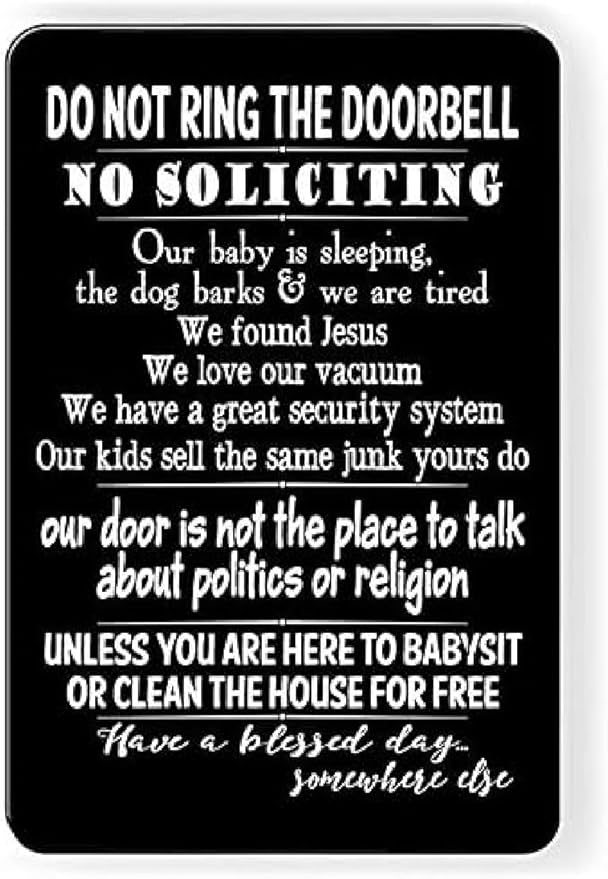 Funny No Soliciting Sign, Metal Warning Tin Signs, Do not Ring the Doorbell, Yard Sign Garage Farm Garden Wall Decor Sign Plaque Outdoor for Home Fence 8 X 12 Inches