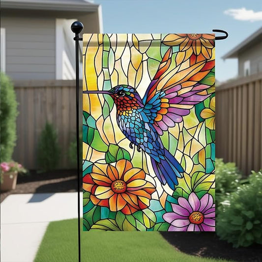 Spring Summer Garden Flag 12x18 Inch Colorful Hummingbird Stained Glass Floral Art Design Outdoor Yard Porch Lawn Garden for Seasonal Farmhouse Boho Home Decor