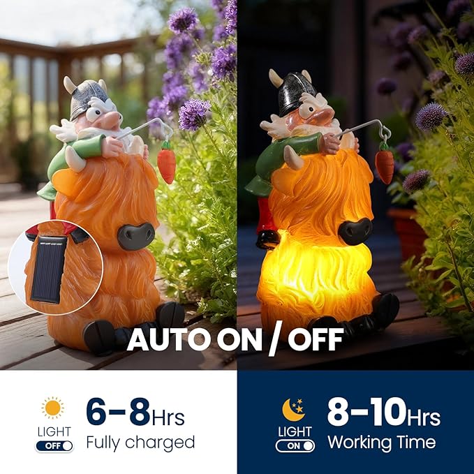 Garden Gnome Statue - Garden Gnome Riding Highland Cow - 6.7 Inch Tall Lawn Figurine - for Outdoor or House Decor - Funny Yard & Patio Decoration