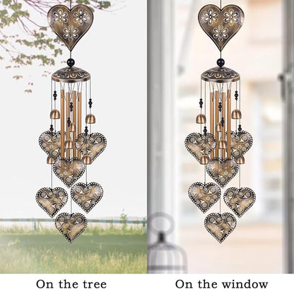 Heart Shape Wind Chimes for Garden, Gifts for Mom, Home, Balconies, Rooms, Patio, Indoor, Outdoor Heart Decoration, Hearts Shape Wind Catcher, Bronze Memorial Wind Bells, Hearts Wind Chimes Decor