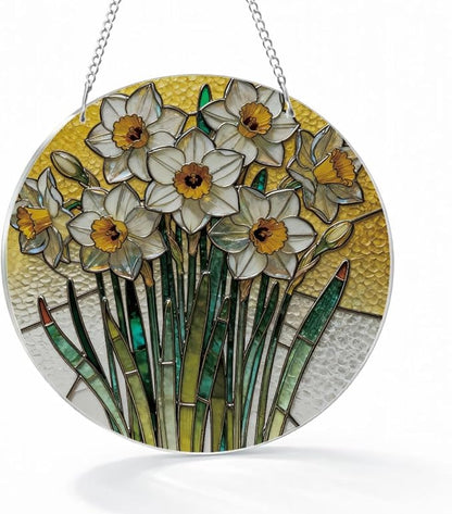 Acrylic Window Hanging, Yellow and White Daffodils Sun Catcher for Door Home Decor, Floral Window Wall Art, Housewarming Decor, Christmas Mother's Day Birthday Gifts for Her