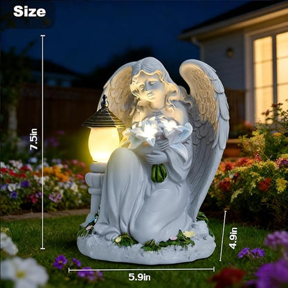 Solar Angel Garden Statue Outdoor, Praying Angel Statues Solar Figurine Lights Outdoor Waterproof, Resin Angel Sculpture for Garden Yard Lawn Grave Cemetery Decor, Gift for Mom Grandma Women (Bouquet)