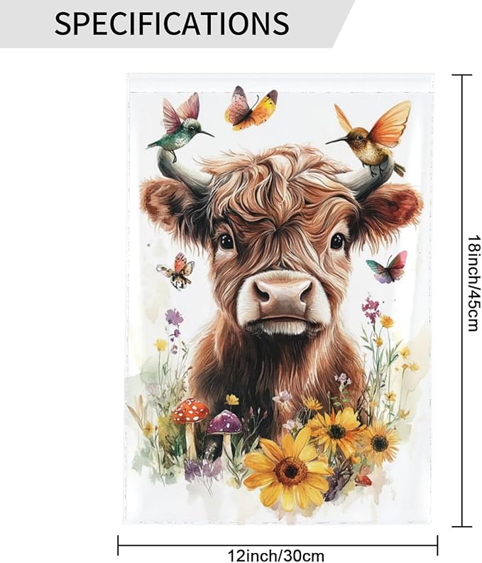 Floral Highland Cow Garden Flags 12×18 Inch Mushrooms Hummingbirds Butterfly Double Sided Decorative Yard Banner Seasonal Flag for Outdoor Outside Decor