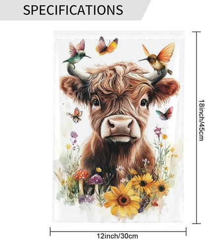 Floral Highland Cow Garden Flags 12×18 Inch Mushrooms Hummingbirds Butterfly Double Sided Decorative Yard Banner Seasonal Flag for Outdoor Outside Decor