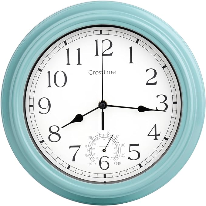 Crosstime 12 Inch Outdoor Clock Waterproof with Thermometer,Vintage Indoor Outdoor Wall Clocks for Patio, Pool, Garden, Bathroom Wall Decor - Teal