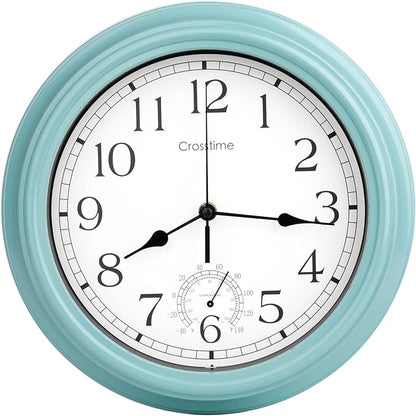 Crosstime 12 Inch Outdoor Clock Waterproof with Thermometer,Vintage Indoor Outdoor Wall Clocks for Patio, Pool, Garden, Bathroom Wall Decor - Teal