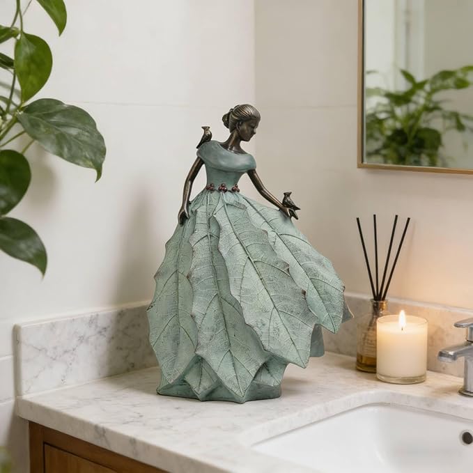 DiliComing Fairy Garden Statue Home Decoration - Outdoor Statue Table Decor for Living Room Garden Maiden Bookshelf Decor Xmas Resin Holly Leaves Maiden Green